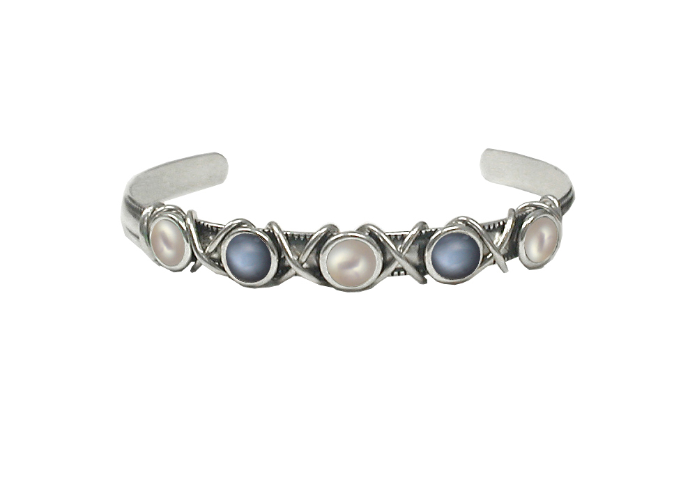 Sterling Silver Cuff Bracelet With Cultured Freshwater Pearl And Grey Moonstone